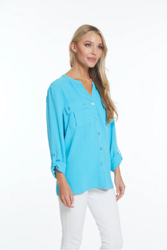 Cuffed tab 3/4 sleeve button front shirt