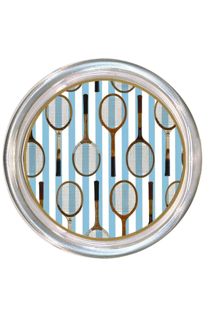 Antique Tennis Racket Pattern Blue Stripes Coaster