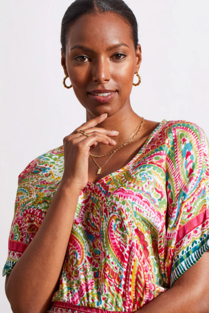 Printed V-Neck Dress with Dolman Sleeves