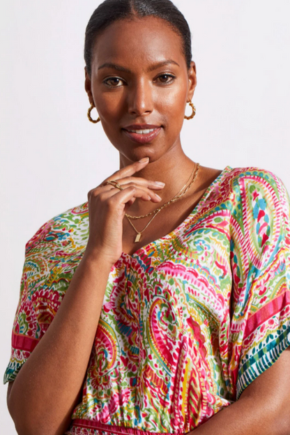 Printed V-Neck Dress with Dolman Sleeves