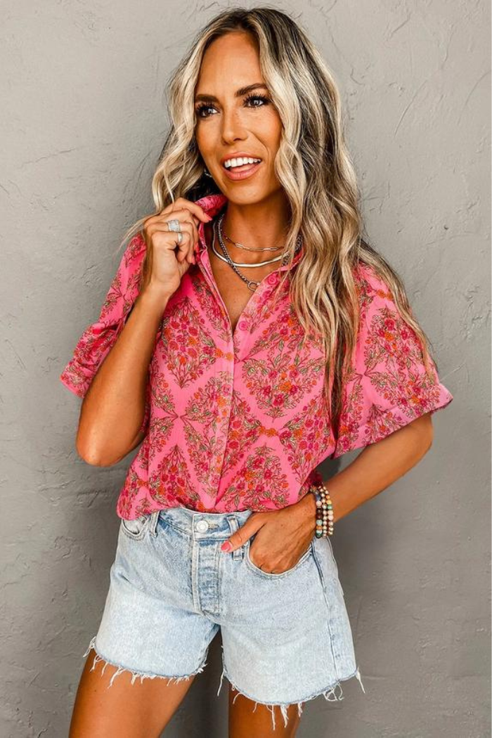 Rose Red Floral Print Wide Short Sleeve Loose Shirt