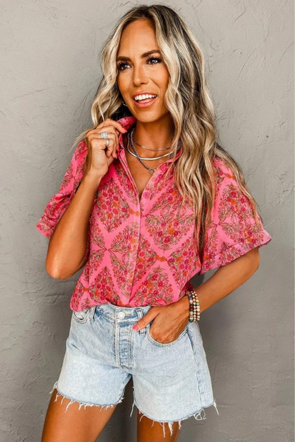 Rose Red Floral Print Wide Short Sleeve Loose Shirt