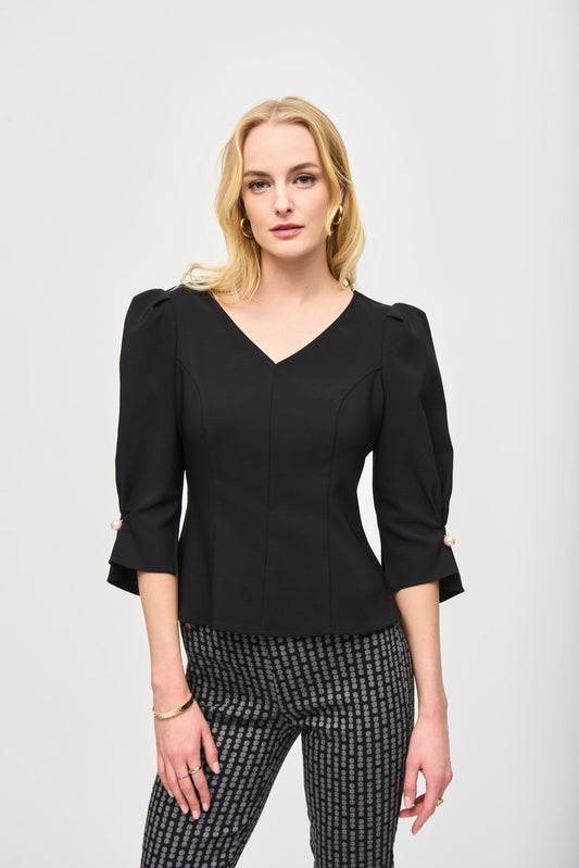 Lux Twill Fitted Puff Sleeve Top - Black