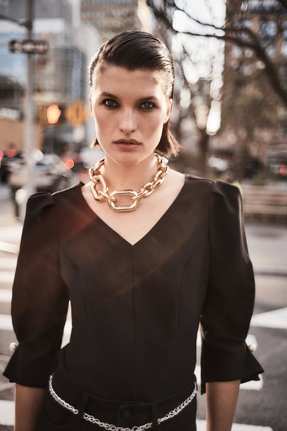 Lux Twill Fitted Puff Sleeve Top - Black