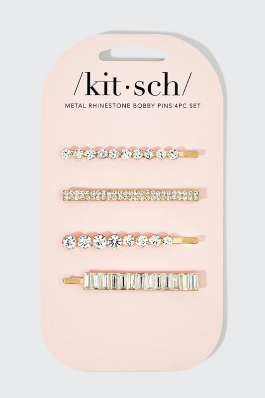 Metal Rhinestone Assorted Bobby Pins 4pc Set - Gold
