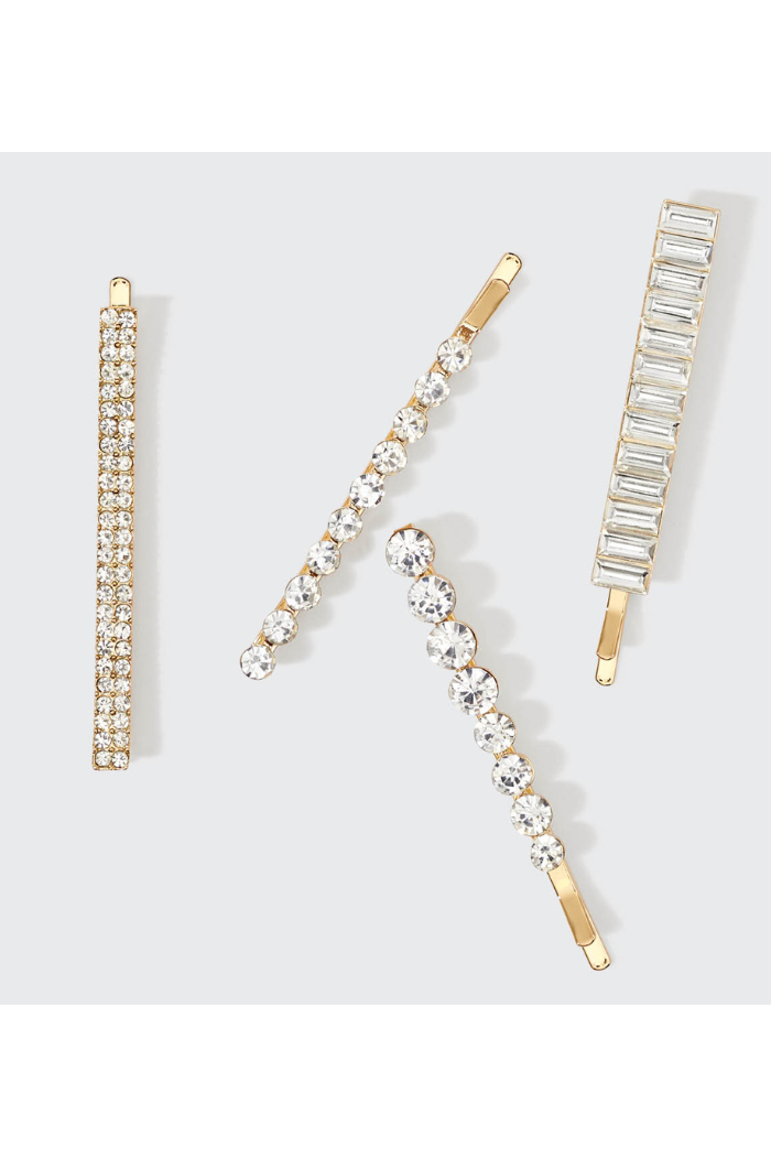Metal Rhinestone Assorted Bobby Pins 4pc Set - Gold