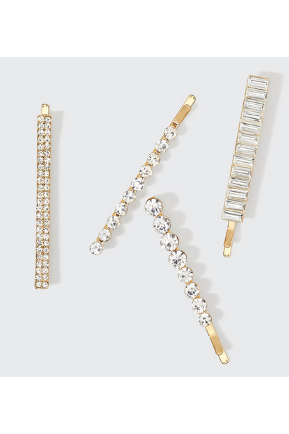 Metal Rhinestone Assorted Bobby Pins 4pc Set - Gold