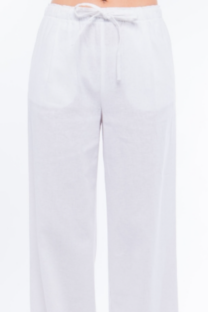 Linen Blend Full Cut Drawstring Pant in White