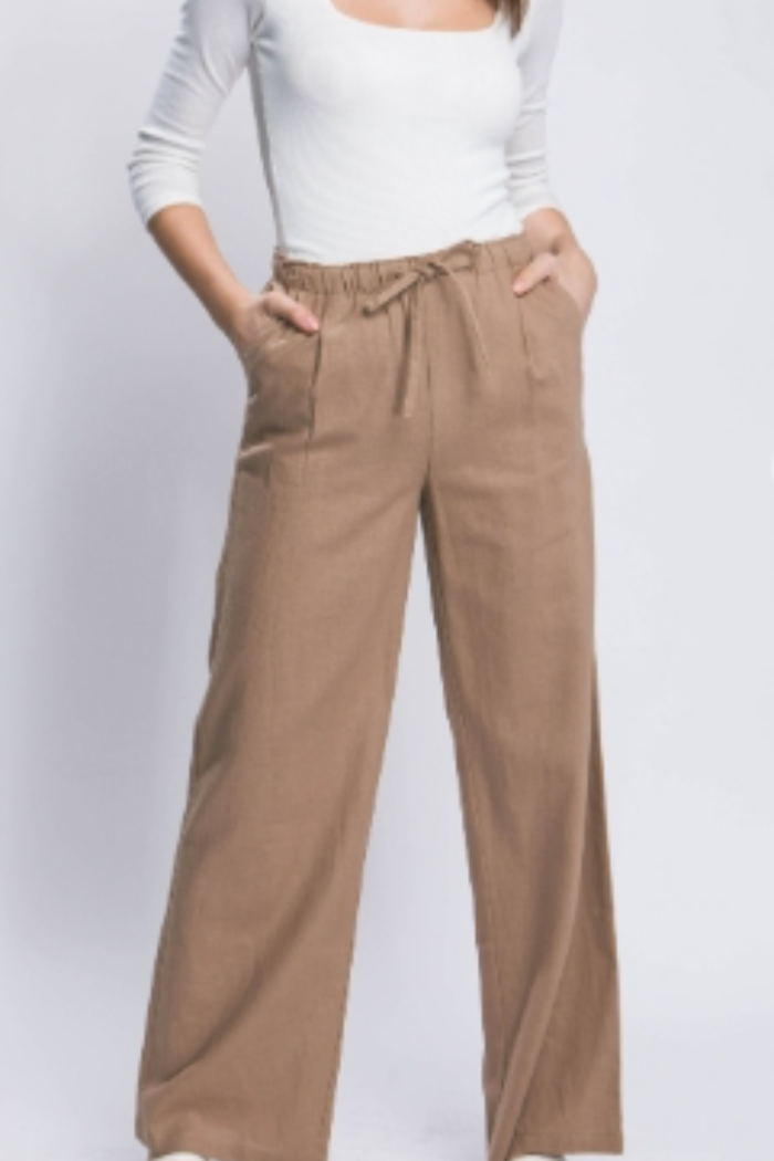 Linen Blend Full Cut Drawstring Pant in White