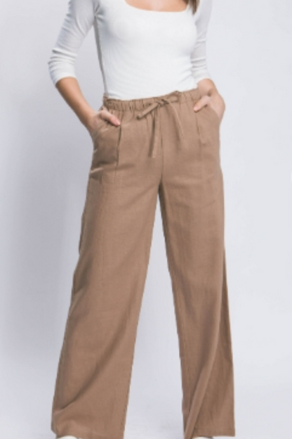 Linen Blend Full Cut Drawstring Pant in White