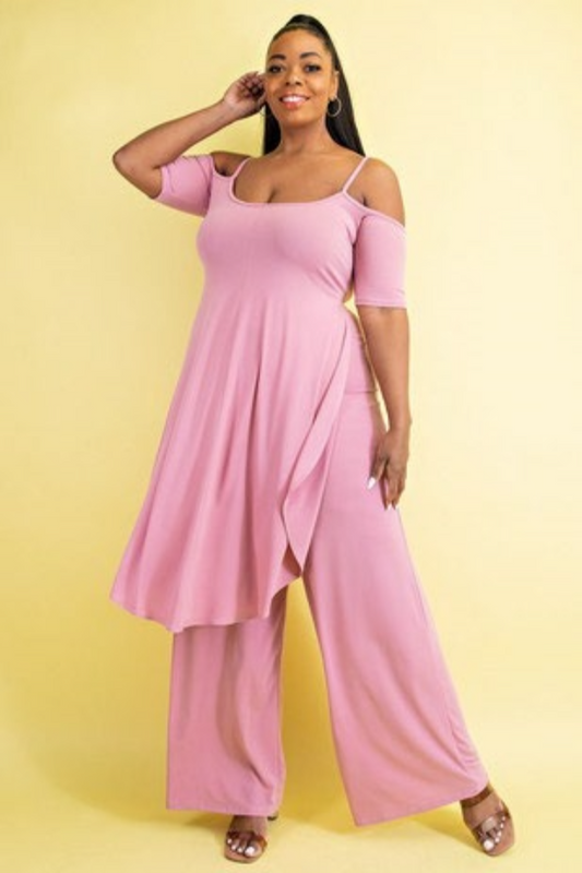 Pink Cold Shoulder Pant Suit