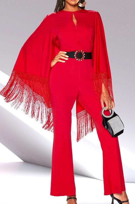 Red Jumpsuit with Fringe Cape