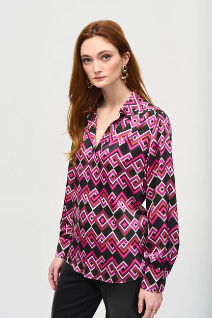 Satin Geometric Print Top- Black/ Multi