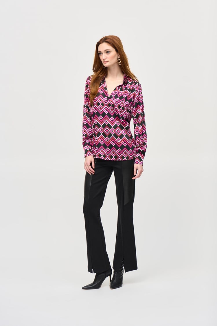 Satin Geometric Print Top- Black/ Multi