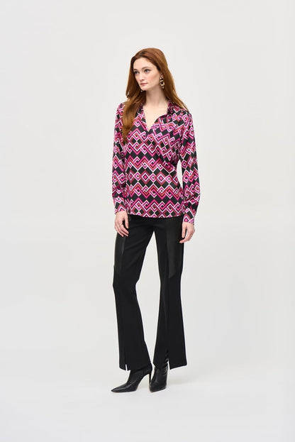 Satin Geometric Print Top- Black/ Multi