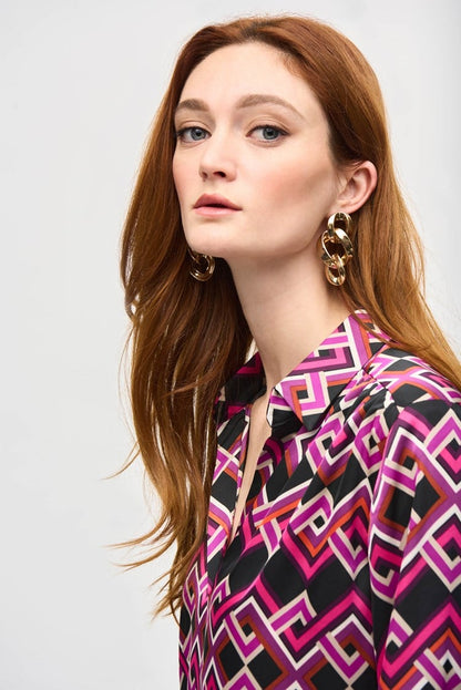 Satin Geometric Print Top- Black/ Multi