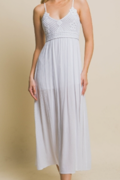 Crochet Lace Top Open Back White Maxi Dress