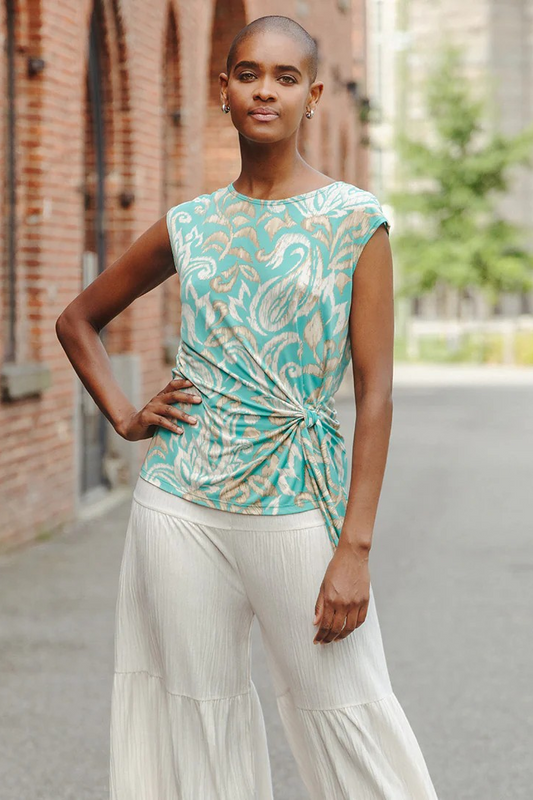 Paisley Print Cap Sleeve Top with side tie detail