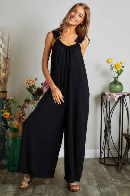 ELASTIC RUFFLE SHOULDER JUMPSUIT