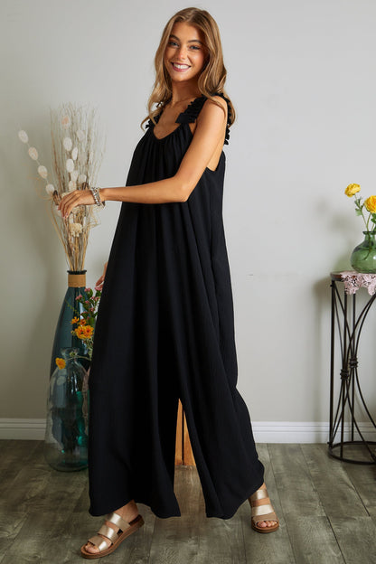 ELASTIC RUFFLE SHOULDER JUMPSUIT