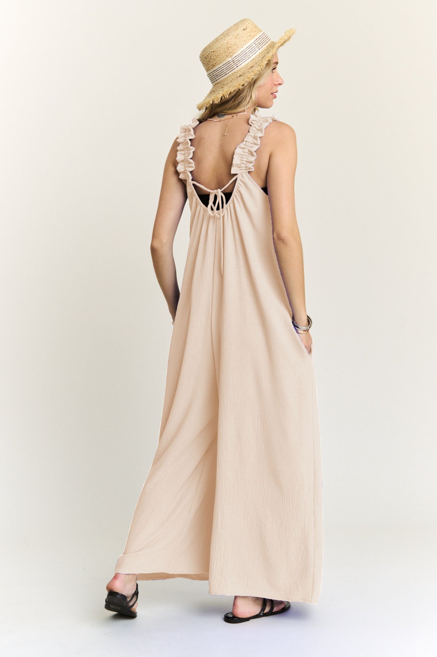 ELASTIC RUFFLE SHOULDER JUMPSUIT
