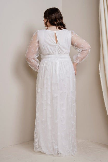 Flock Mesh Deep V-neck Long Sleeve Maxi Dress