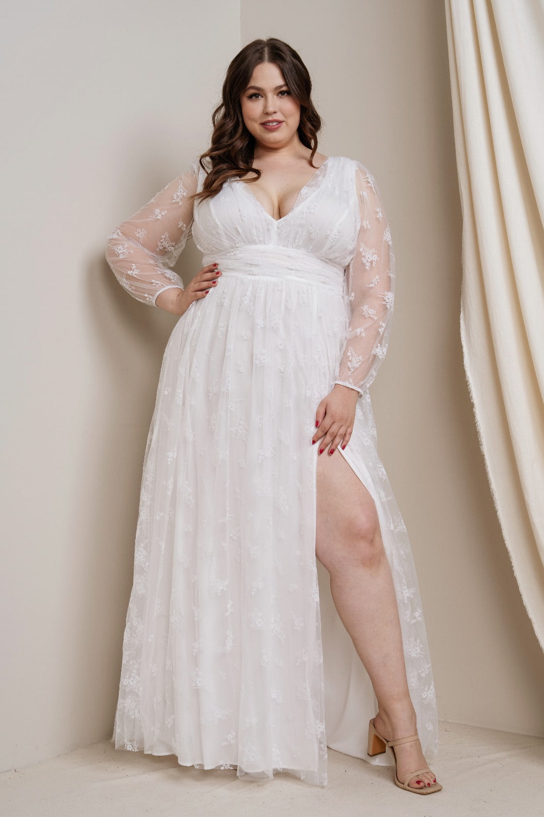 Flock Mesh Deep V-neck Long Sleeve Maxi Dress