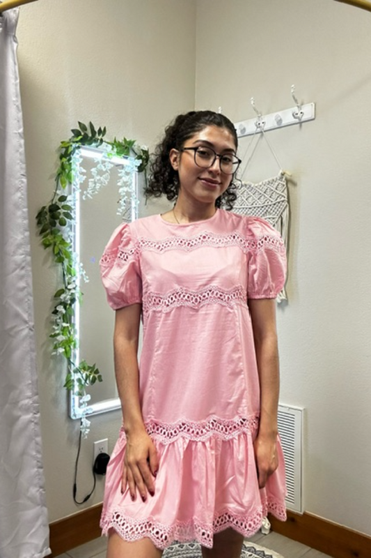 Pink Puff Sleeve Lace Insert Dress
