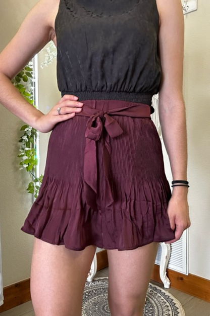 Pleated Satin Shorts w/Waist Tie