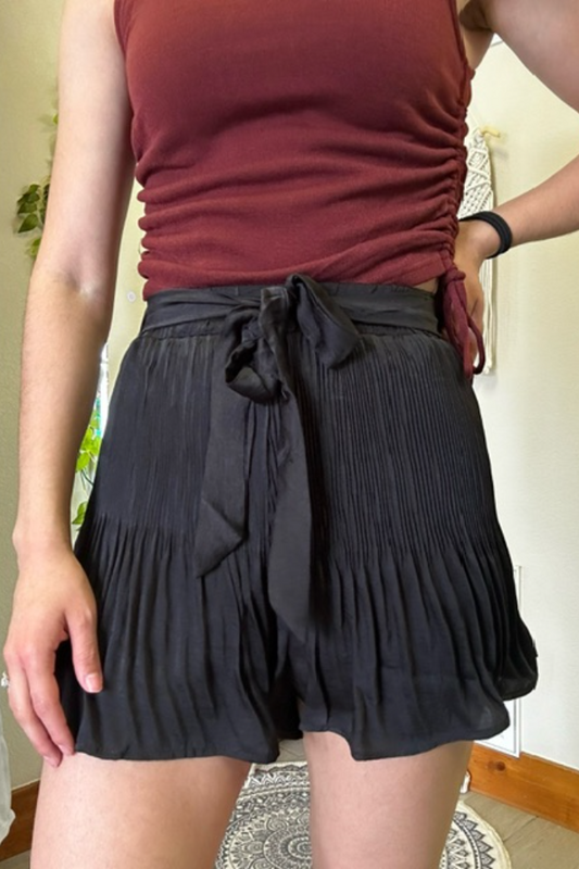 Pleated Satin Shorts w/Waist Tie