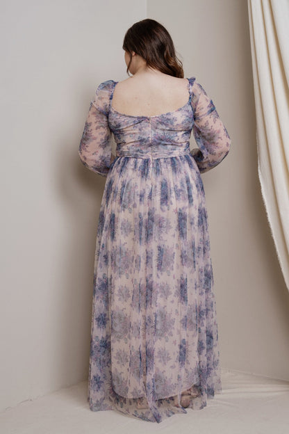 Print Flower Mesh Long Sleeve Maxi Dress