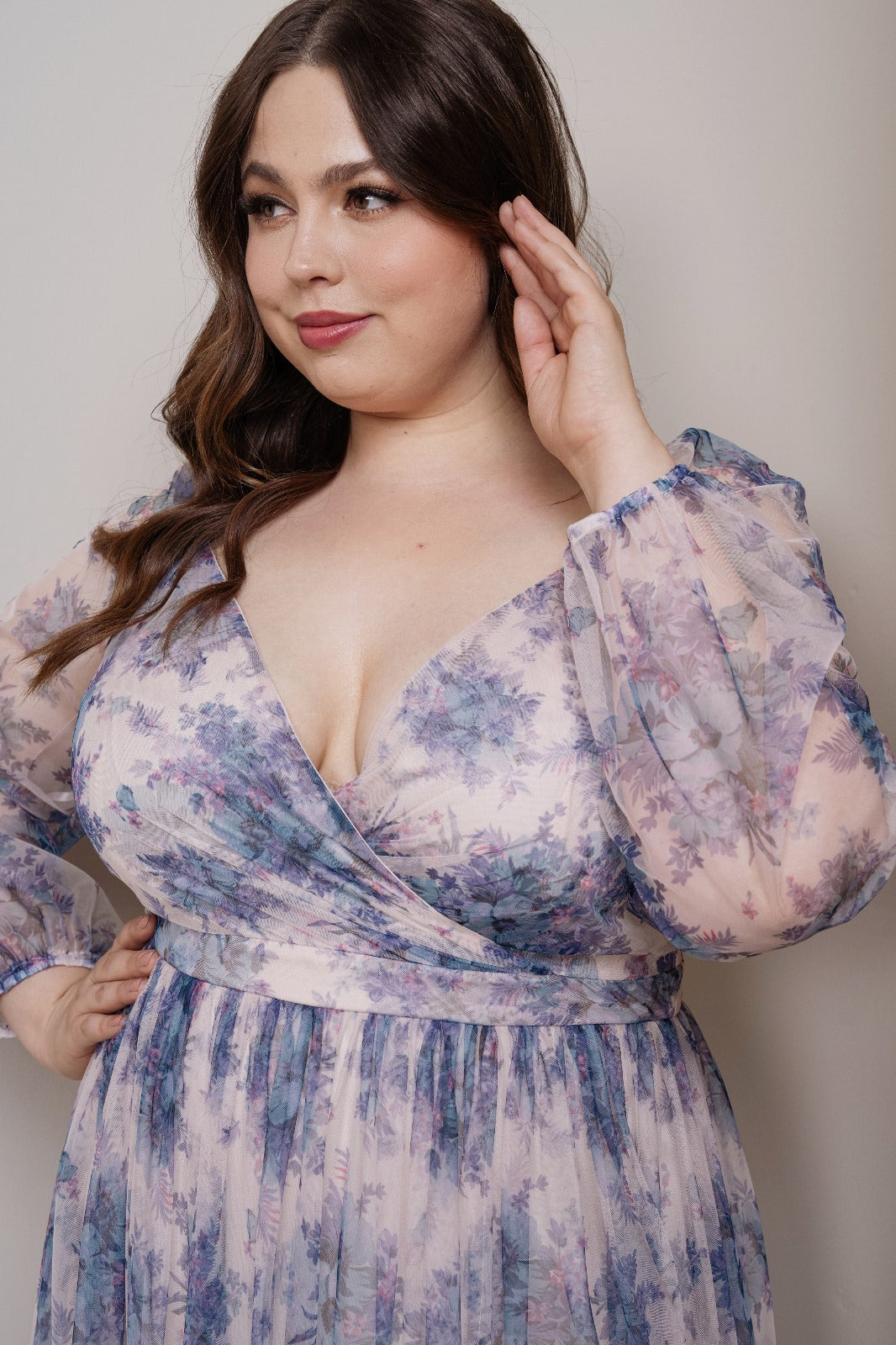 Print Flower Mesh Long Sleeve Maxi Dress