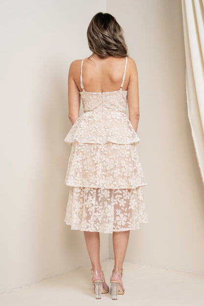Embroidered Lace V-Neck Layered Skirt Dress