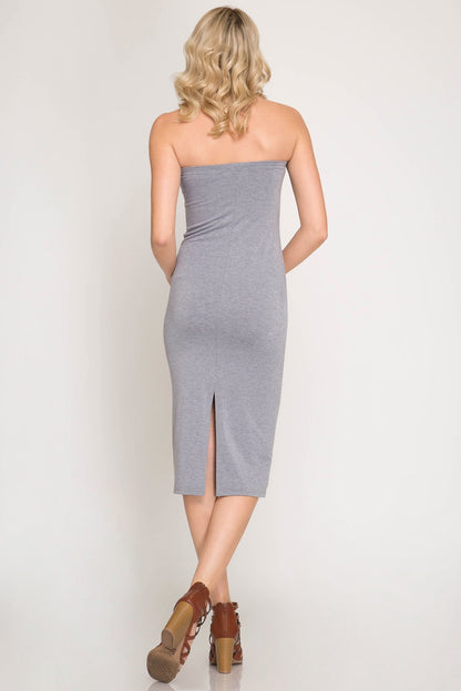 Strapless Basic Tube Midi Dress w/Back Slit
