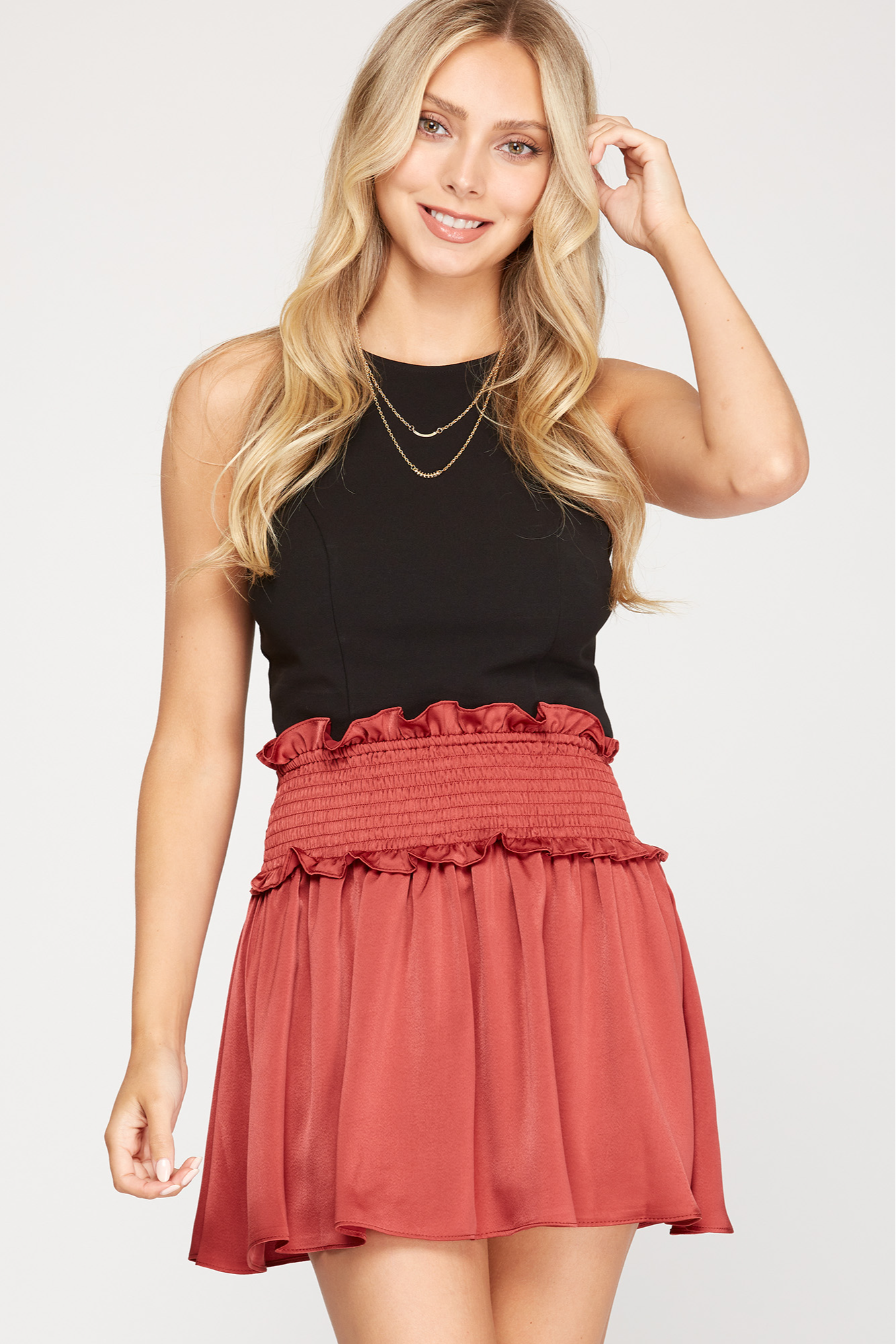 Woven Satin Mini Skirt w/smocked Waistband and Shorts Lining