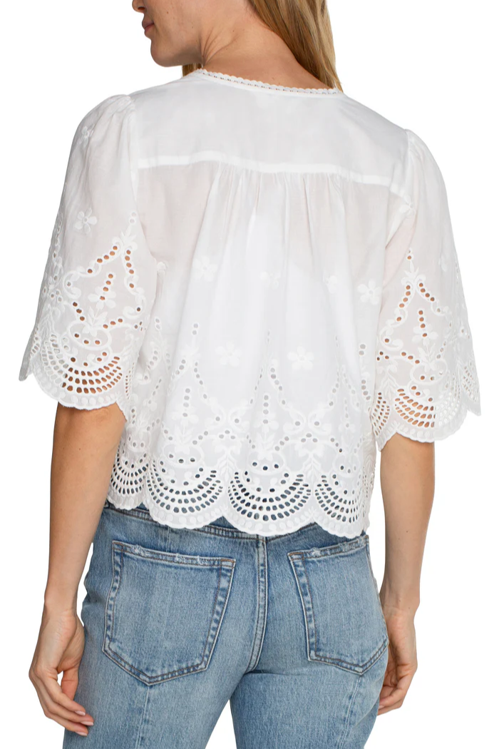 Embroidered Tie Front Woven Top