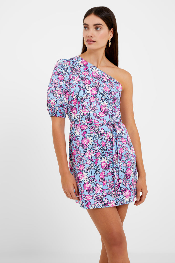 Fontini One Shoulder Puff Sleeve Mini Dress- Placid Blue