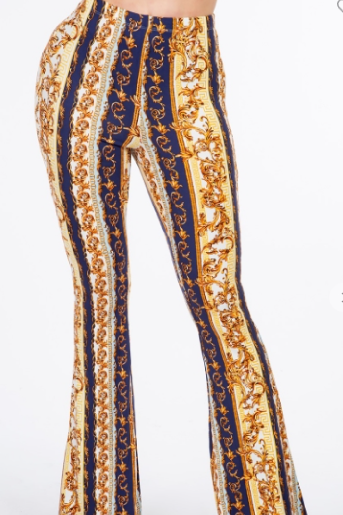 Baroque Chain  Printed Flared Long Pant in Navy Print