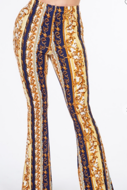 Baroque Chain  Printed Flared Long Pant in Navy Print