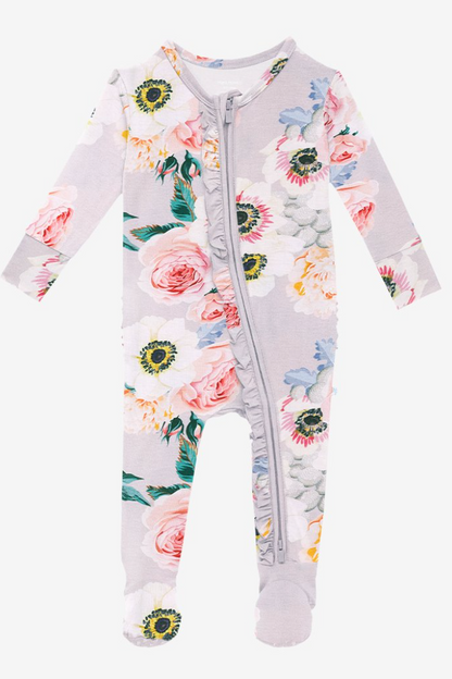 French Gray Ruffled Zipper Footie