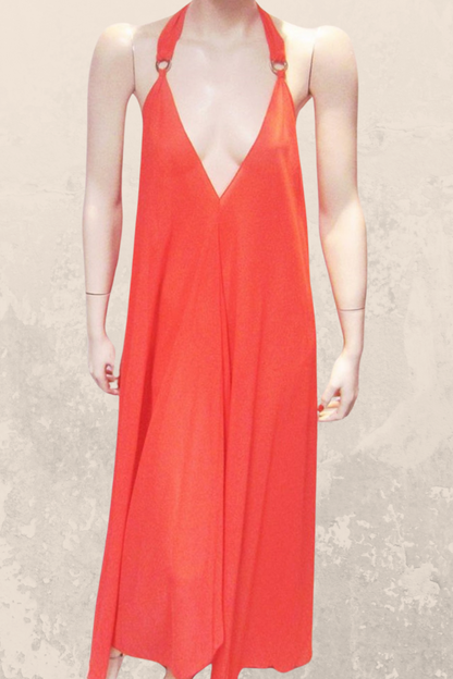 Sheer Halter Style CoverUp-Dress in Solid Red