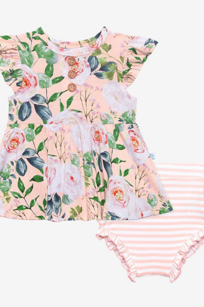 Harper Ruffled Cap Sleeve Henley Peplum Top and Bloomer Set
