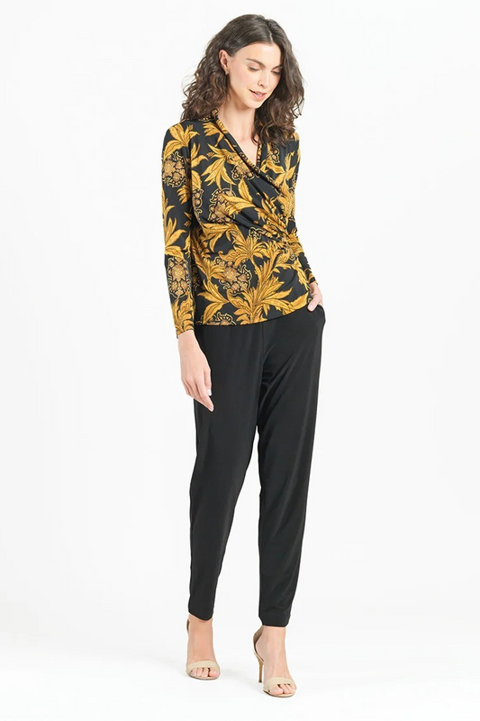 Paisley Leaves Print V-Neck Drape Pleat Soft Knit Top