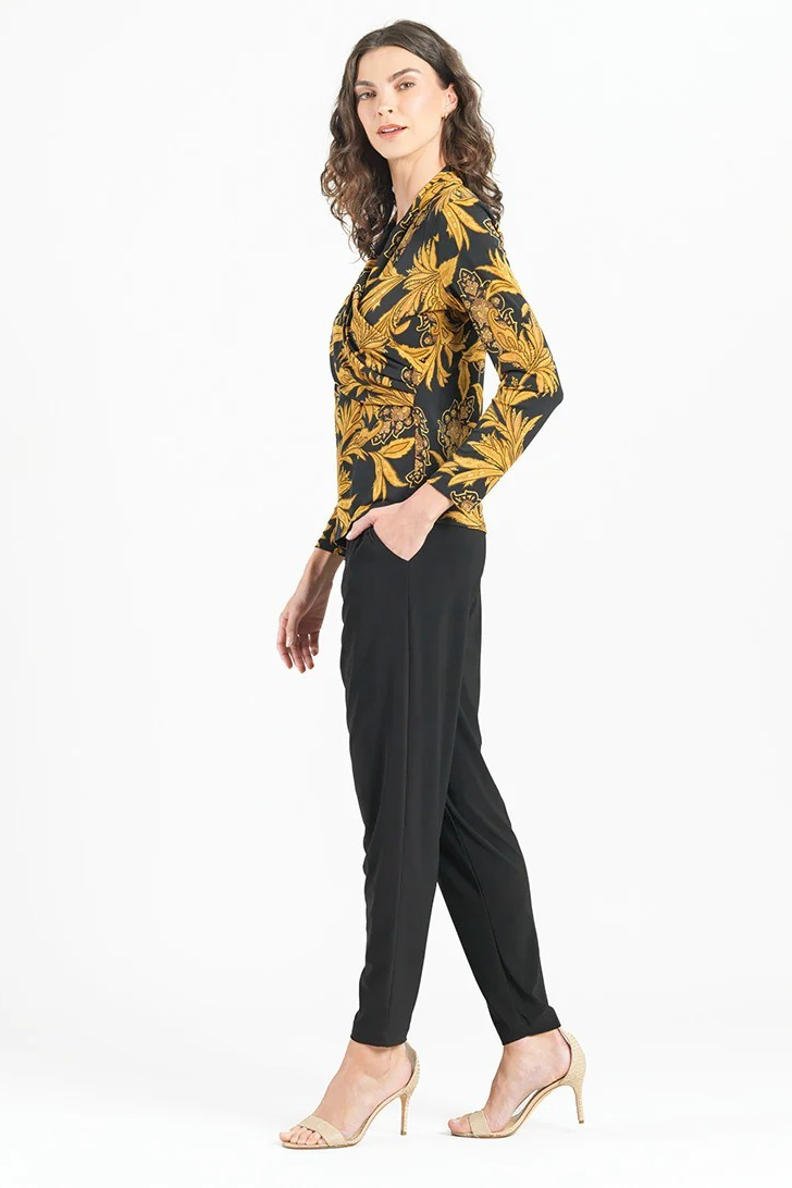 Paisley Leaves Print V-Neck Drape Pleat Soft Knit Top