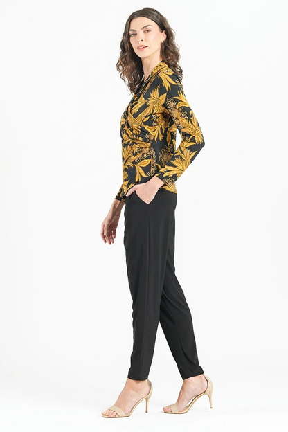 Paisley Leaves Print V-Neck Drape Pleat Soft Knit Top