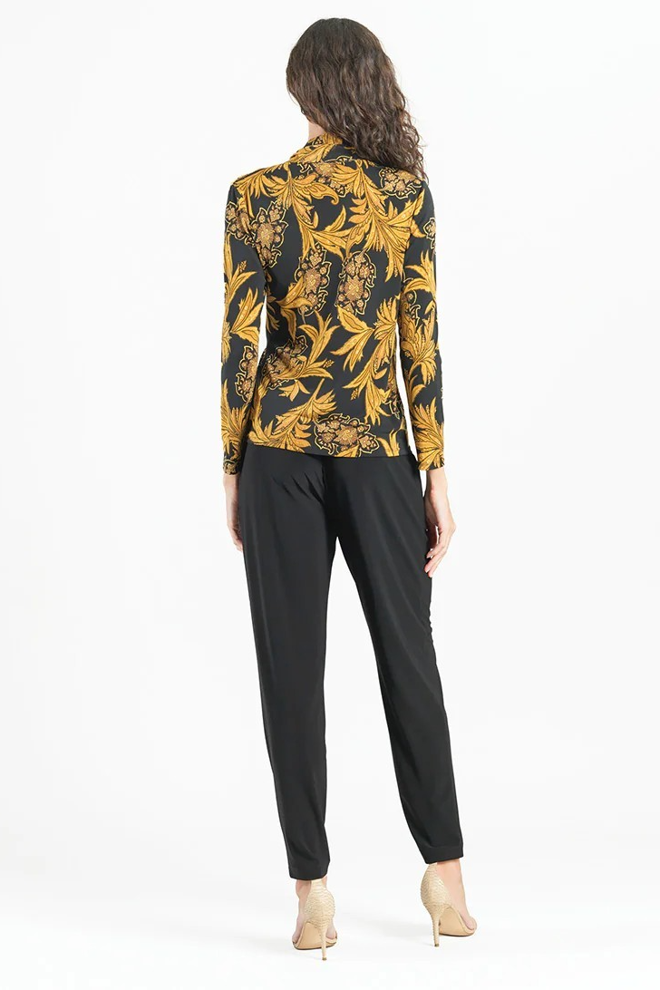 Paisley Leaves Print V-Neck Drape Pleat Soft Knit Top