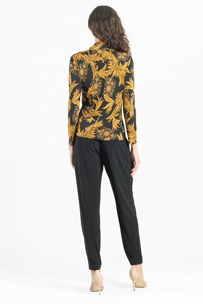 Paisley Leaves Print V-Neck Drape Pleat Soft Knit Top