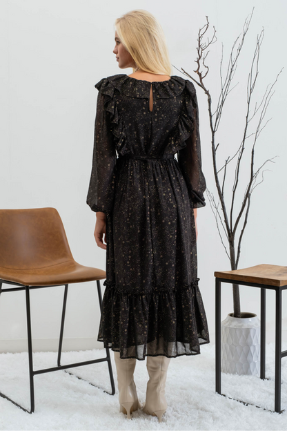 Shirred Chiffon Ruffle Midi Dress