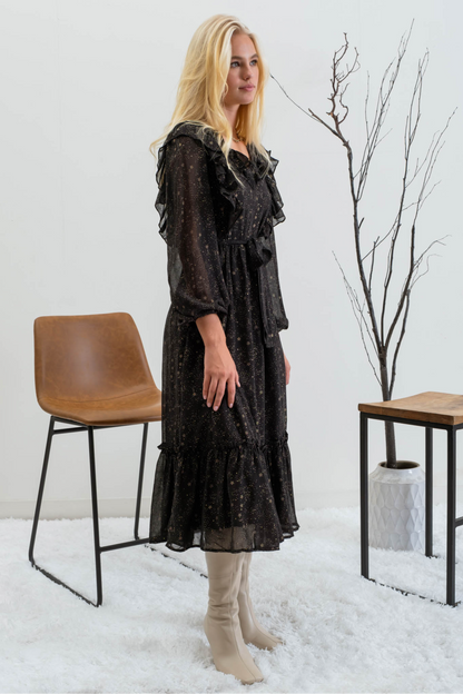 Shirred Chiffon Ruffle Midi Dress
