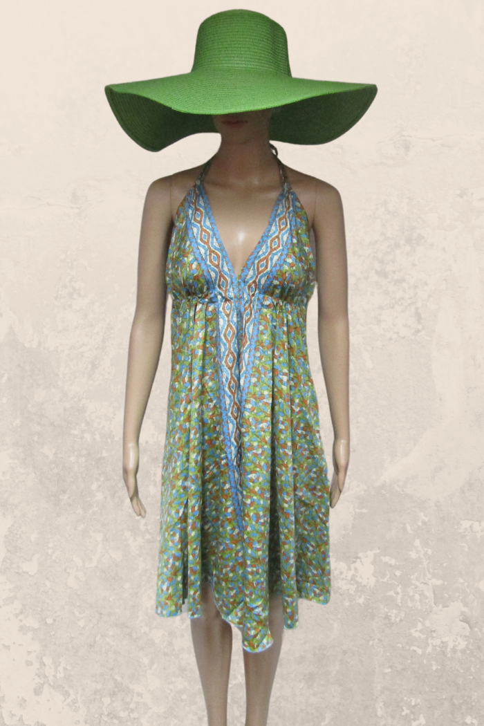 Hot Ticket Halter Dress in a Sassy Silky Short Style in a Lime-Blue Print